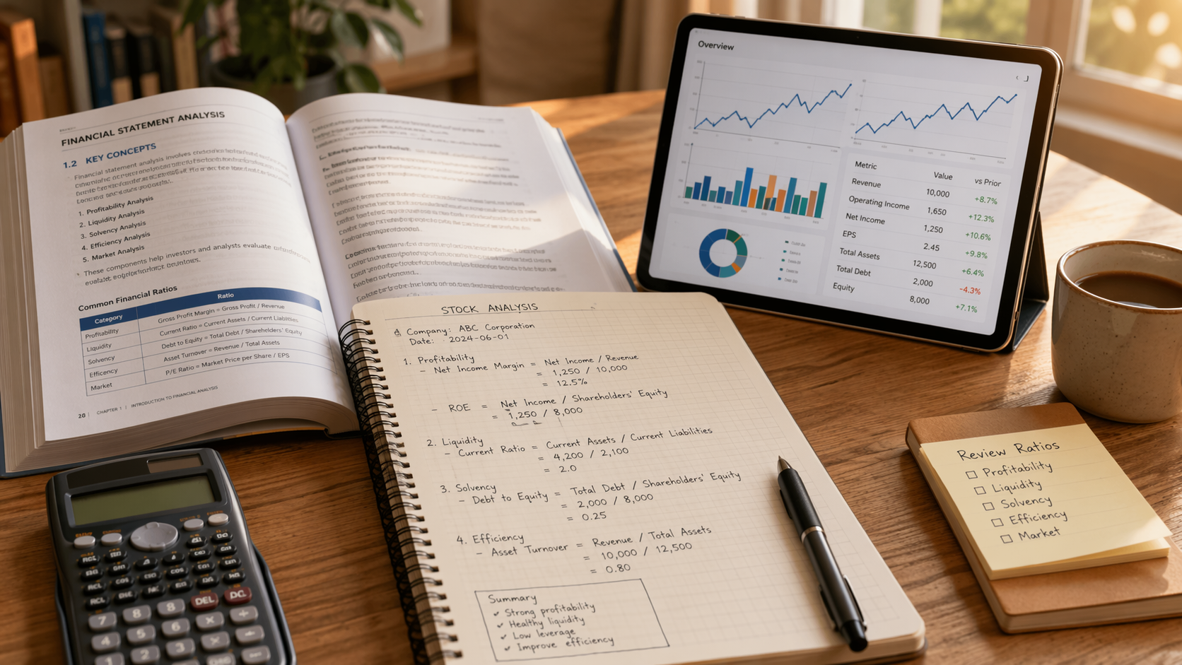 Student desk with finance notes, calculator, textbook, and financial charts on a tablet