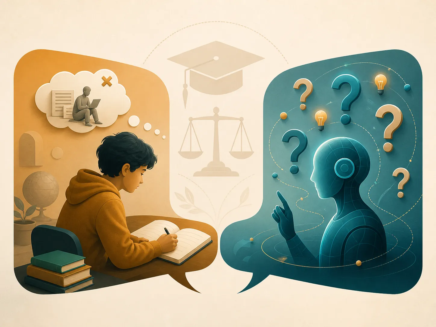 Split AI tutoring scene with question marks and lightbulbs guiding a student who writes in a notebook