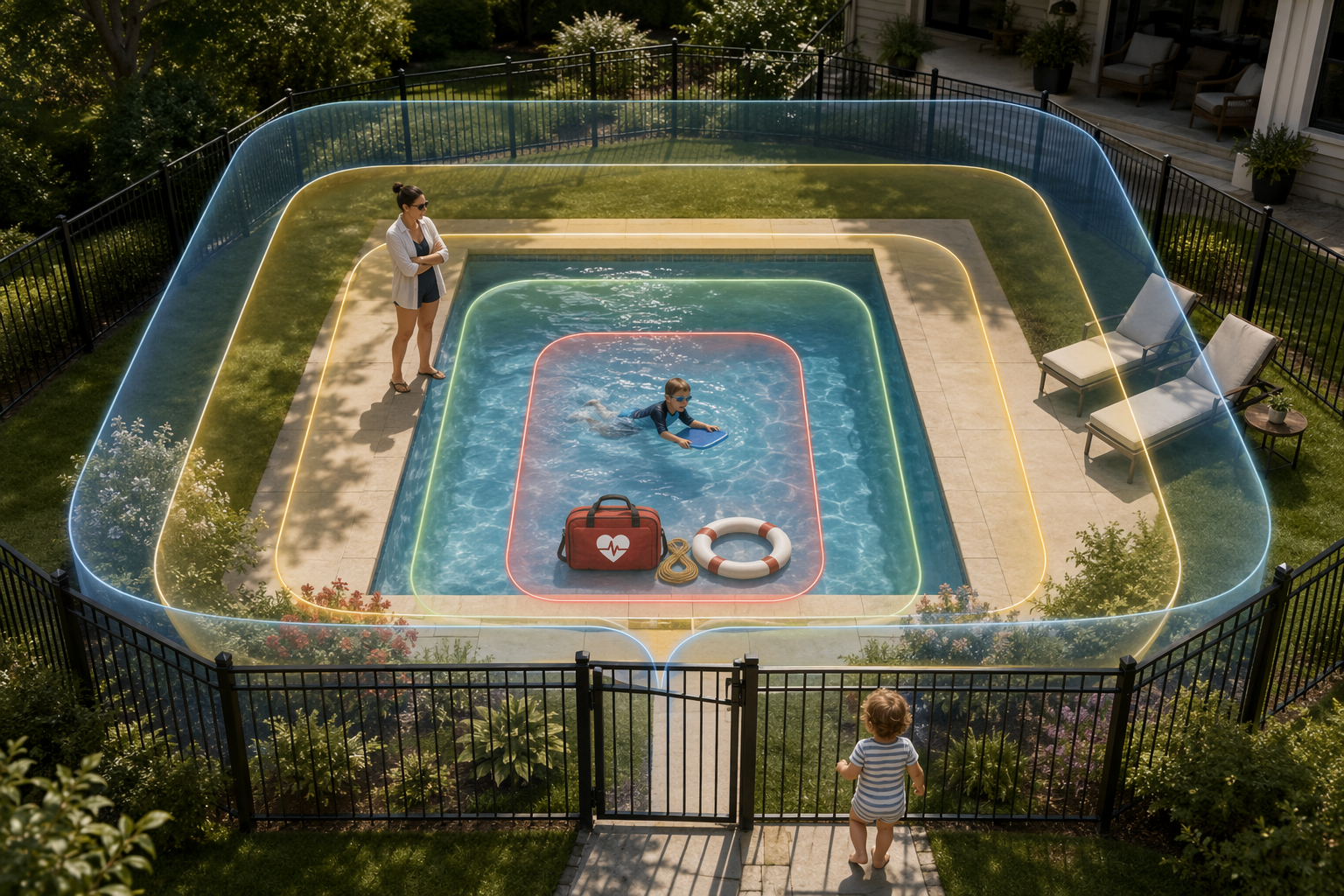 Editorial illustration of a four-layer pool safety setup around a residential pool