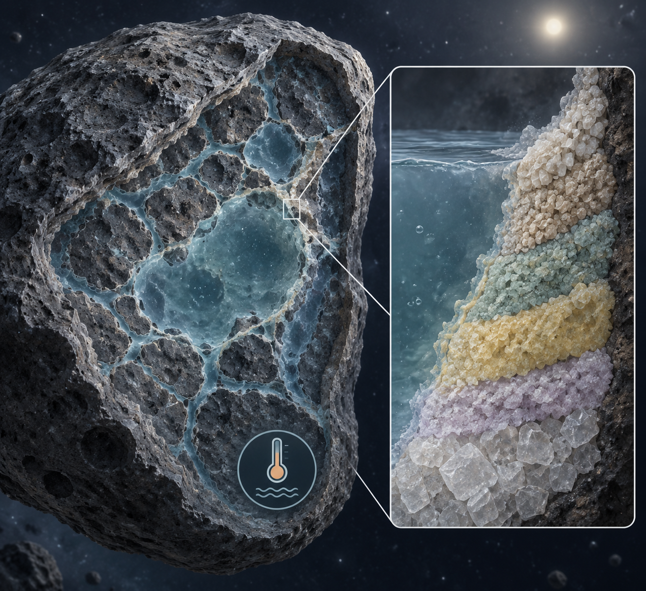 A cross-section of an asteroid interior showing brine-filled cracks and layered evaporite minerals