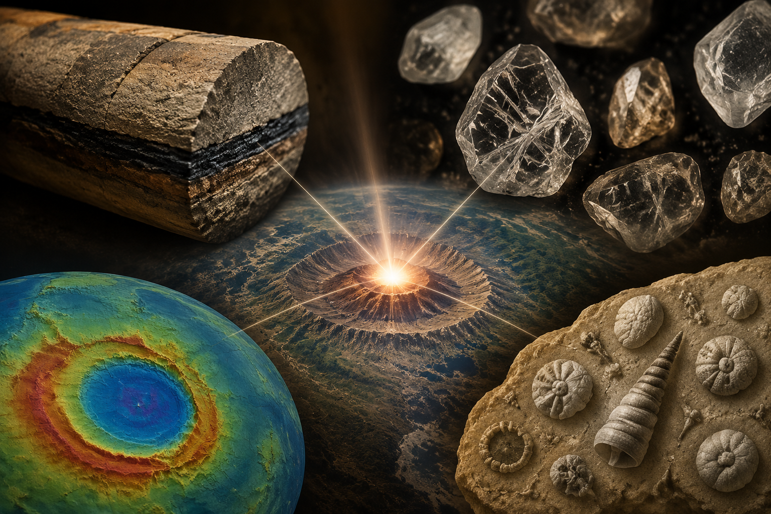 Scientific illustration showing multiple evidence types converging on a thin iridium layer in a rock core