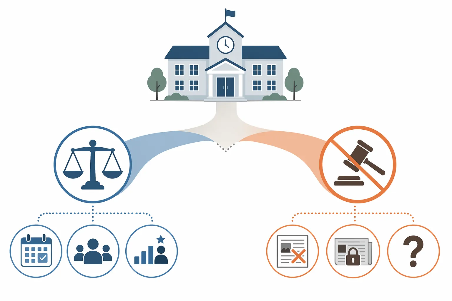 A flat illustration showing a school decision path splitting between staffing concerns and indirect newsroom censorship