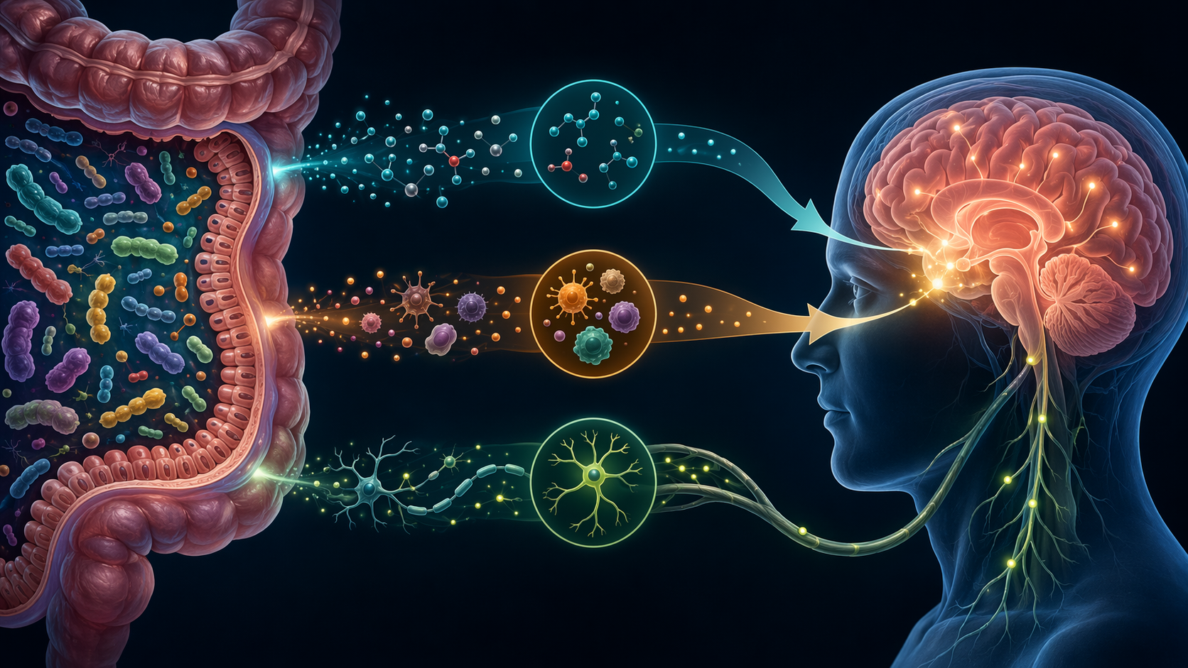 A scientific diagram of gut bacteria connected by metabolic, immune, and neural signaling pathways to a brain profile