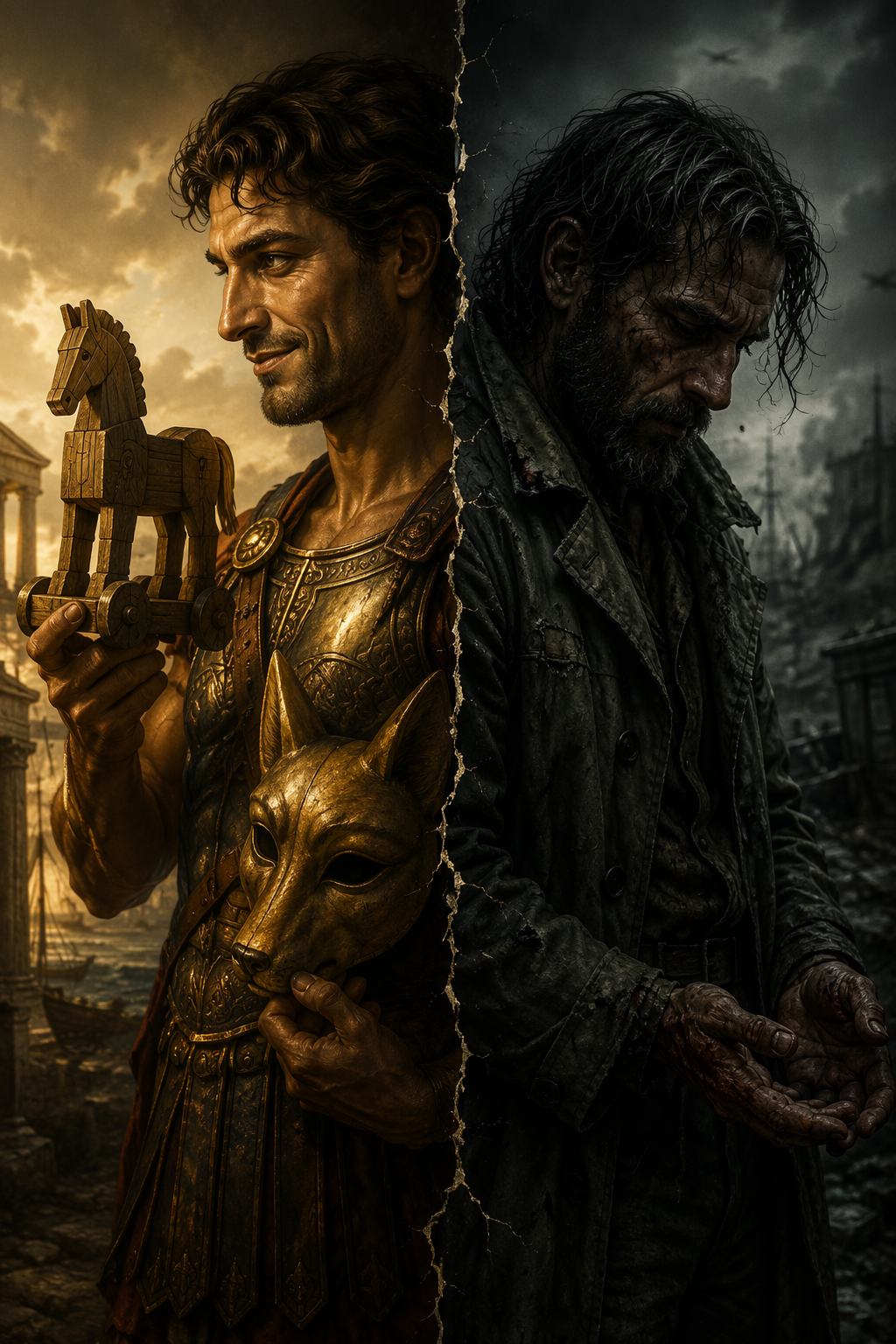 Split portrait of Odysseus as a smiling ancient trickster and a haunted modern veteran