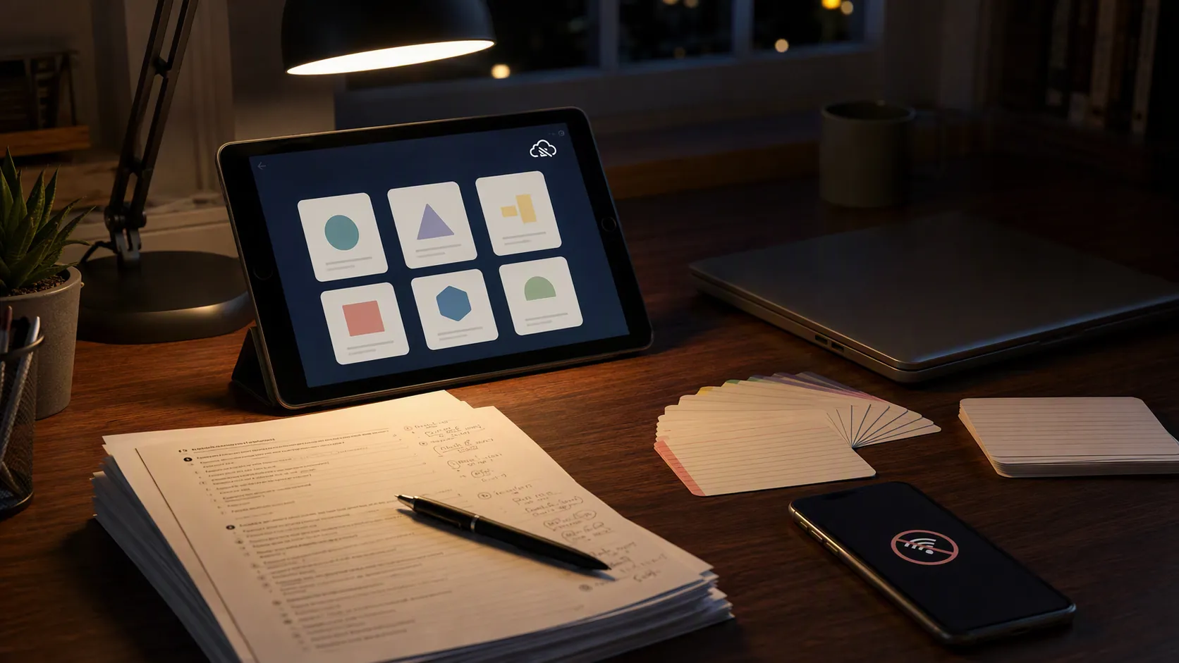 Study desk at night with printed practice pages, flashcards, a tablet, and a phone showing no Wi-Fi