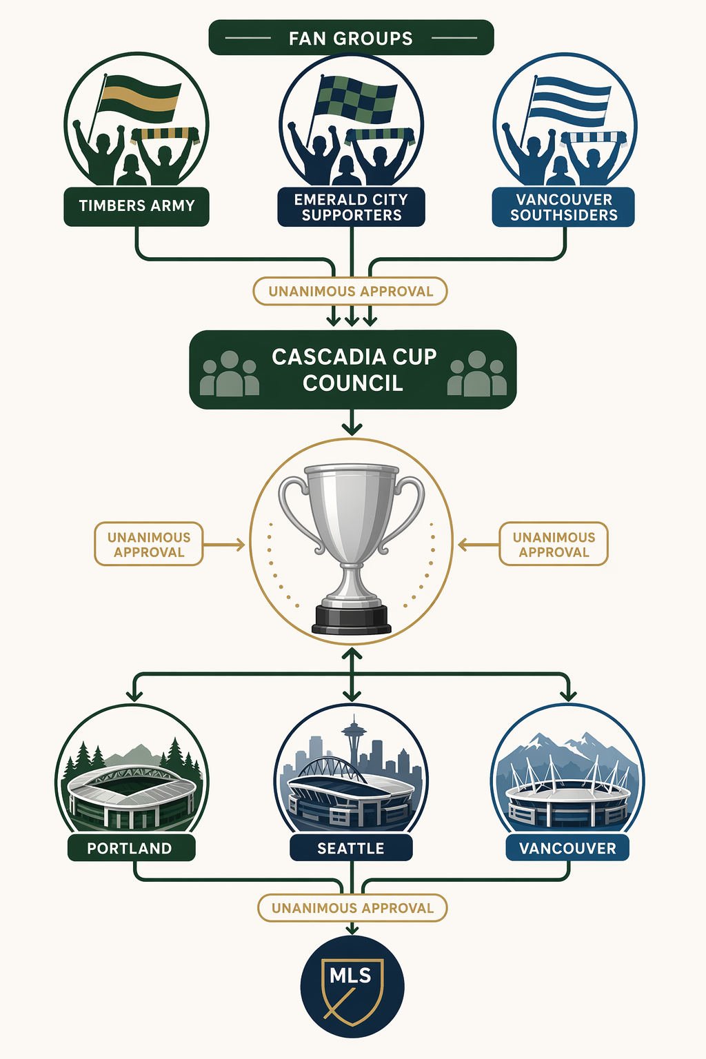 Diagram of Cascadia Cup governance showing supporter groups, the Cascadia Cup Council, the three clubs, and MLS connected by unanimous approval flows