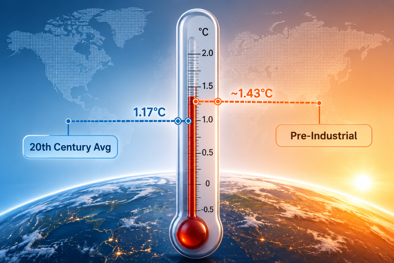 Global thermometer comparing the 20th-century average baseline with the pre-industrial baseline