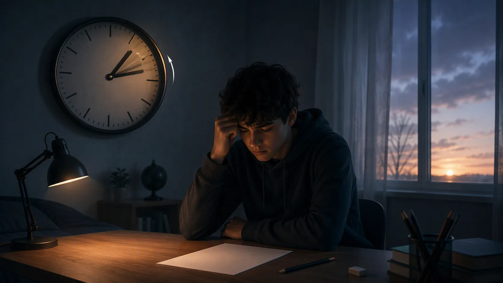 Student at an early-morning exam desk as a wall clock jumps forward