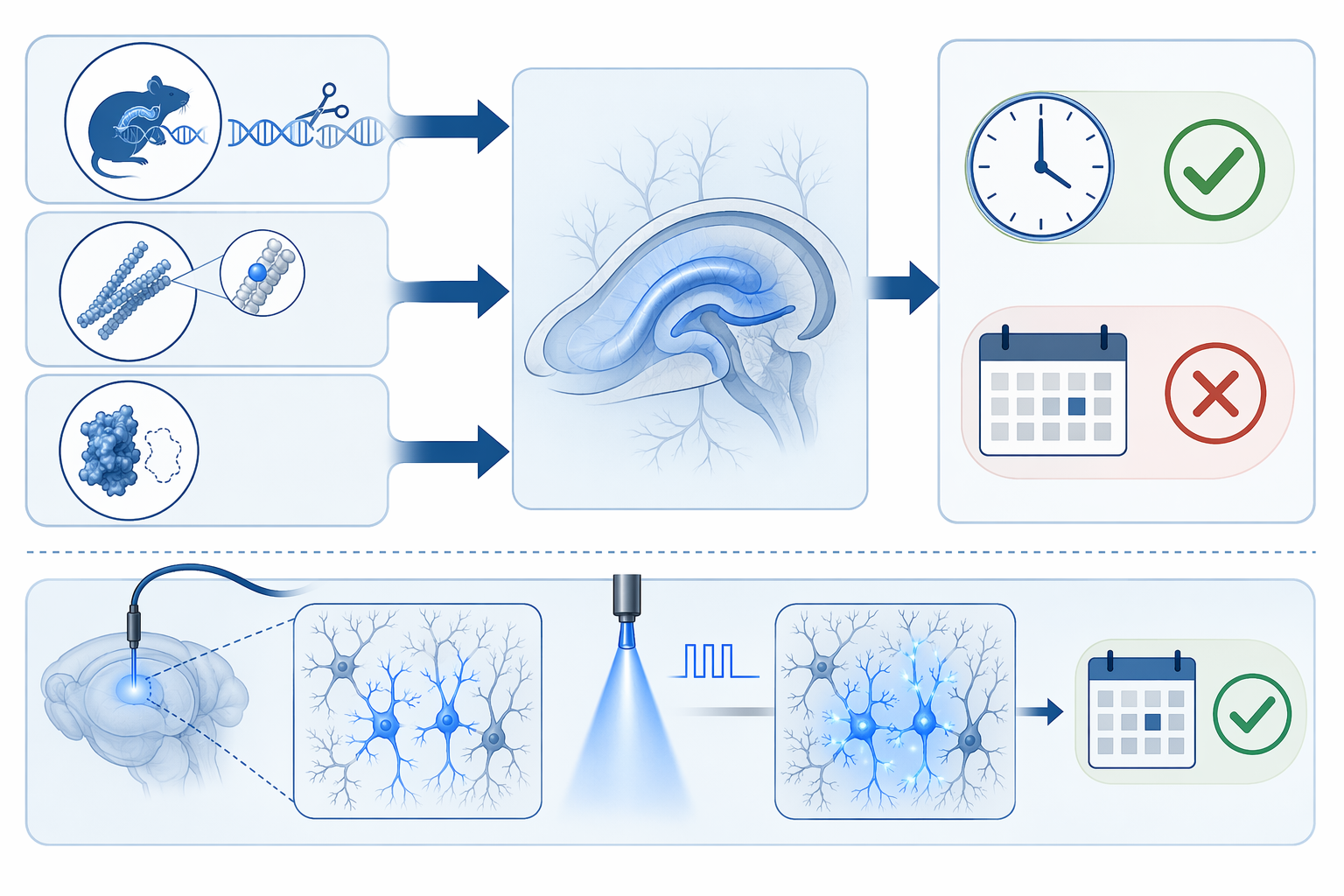 Diagram showing tau knockout, T205A mutation, and p38gamma deletion converging on preserved recent memory and impaired remote memory, with optogenetic rescue of a stored trace