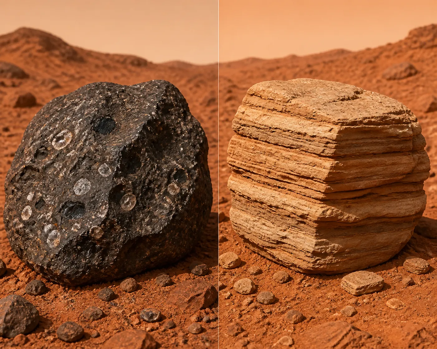 Illustration comparing dark igneous volcanic rock with tan layered sedimentary lakebed rock on Mars