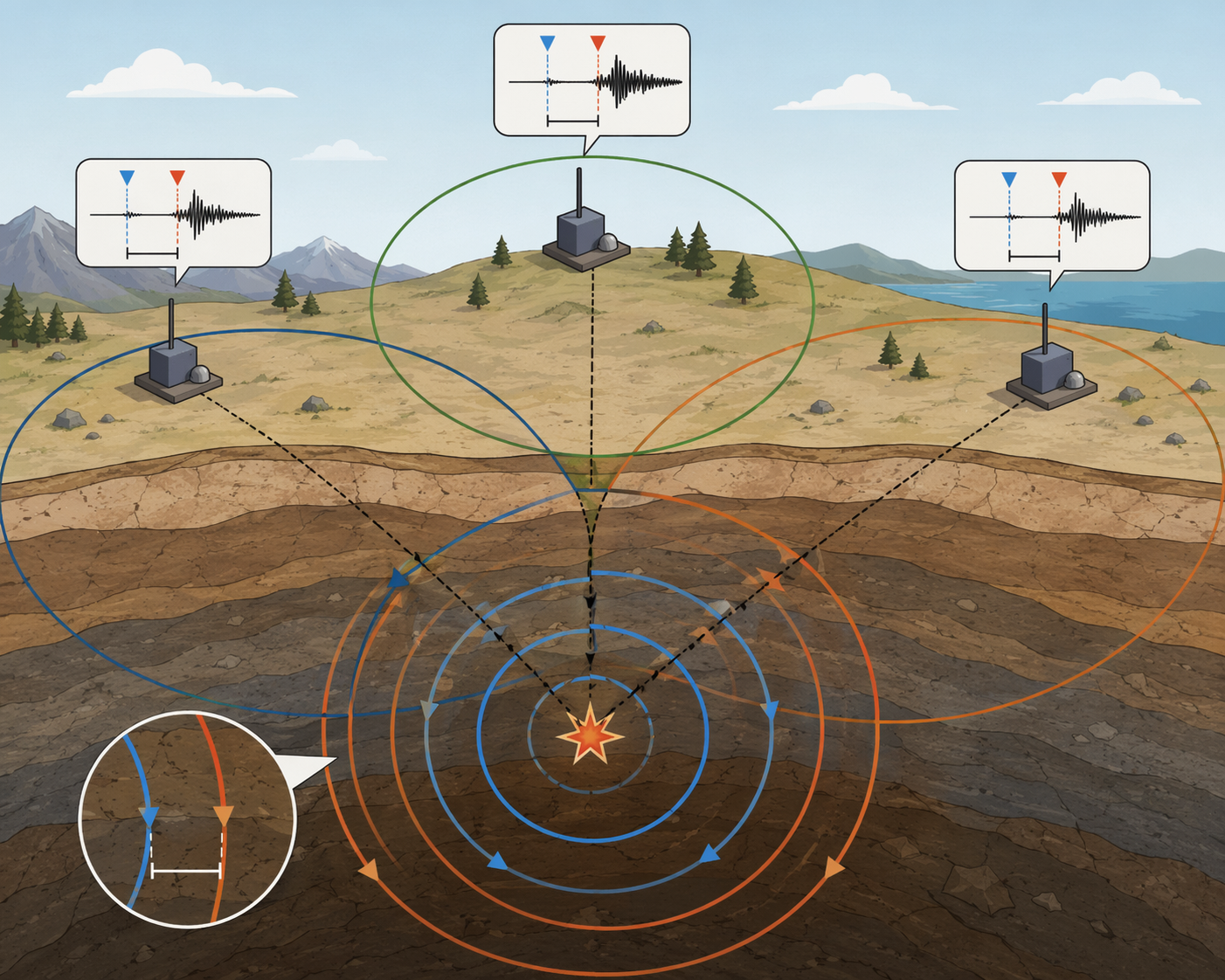 Epicenter triangulation diagram with P-wave and S-wave fronts, three seismograph stations, and intersecting distance circles