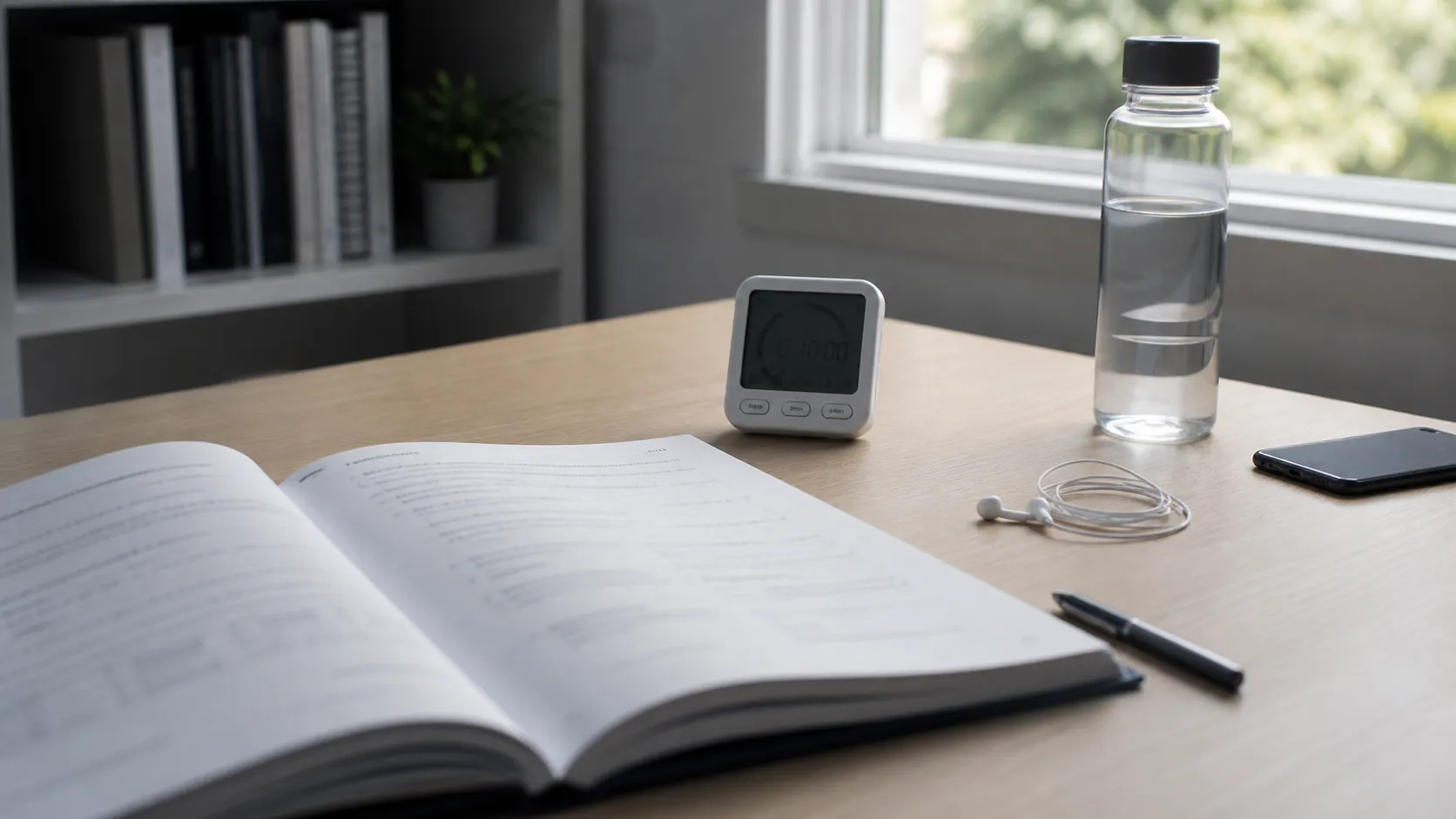 Study desk with an open practice workbook, interval timer, phone face-down, earbuds, and water bottle