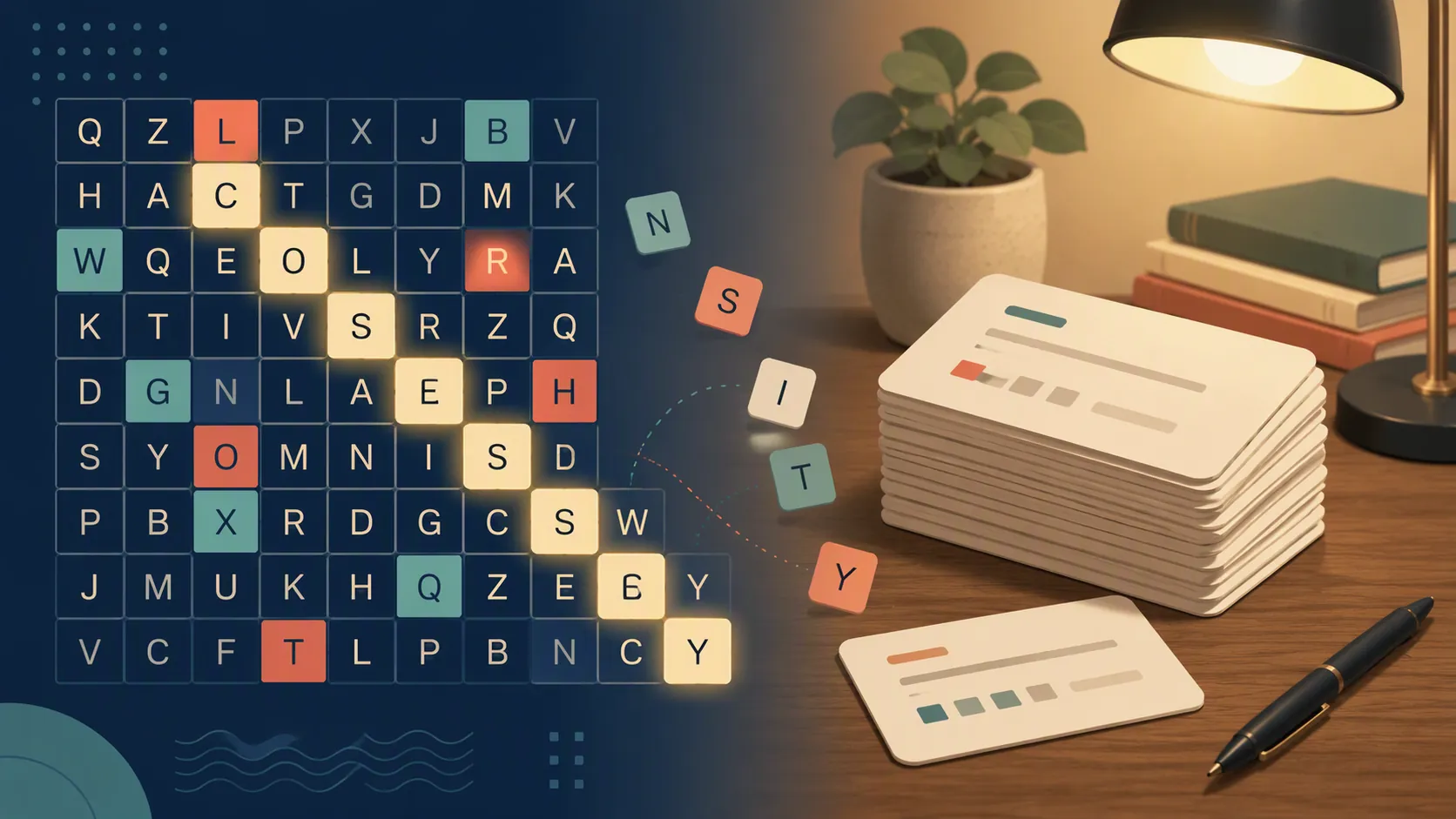 Letter-tile puzzle grid beside a stack of flashcards, contrasting playful word games with structured study