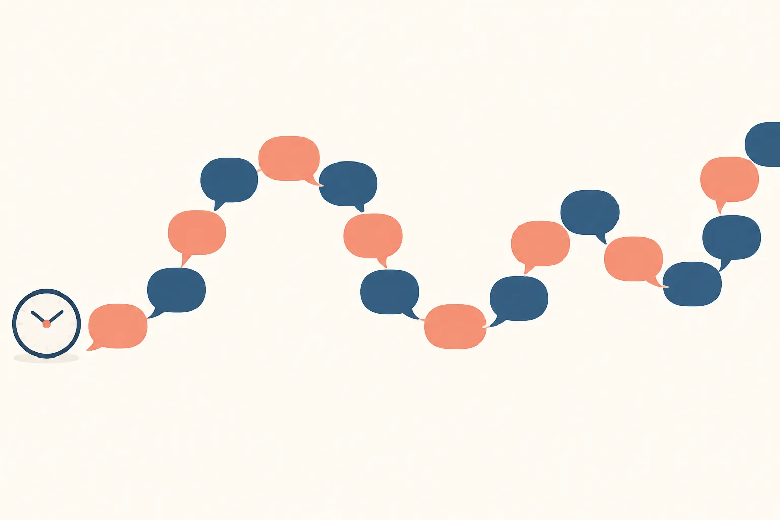 A speech bubble growing into a long winding chain beside a clock
