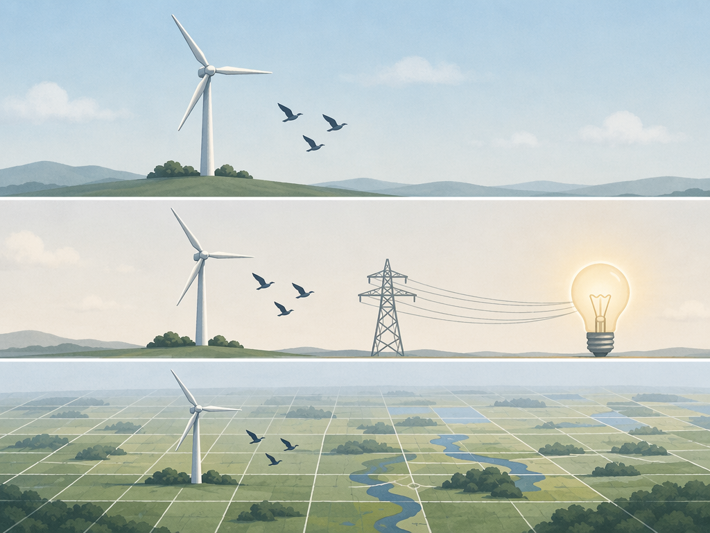 The same turbine and bird count framed as per-turbine, per-energy-unit, and per-area measurements