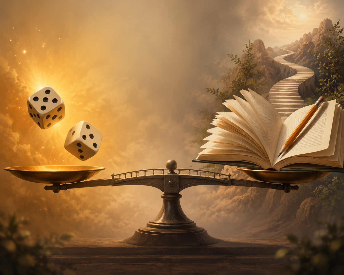 Dice in golden light balanced with an open book, pencil, and pathway representing chance and disciplined effort