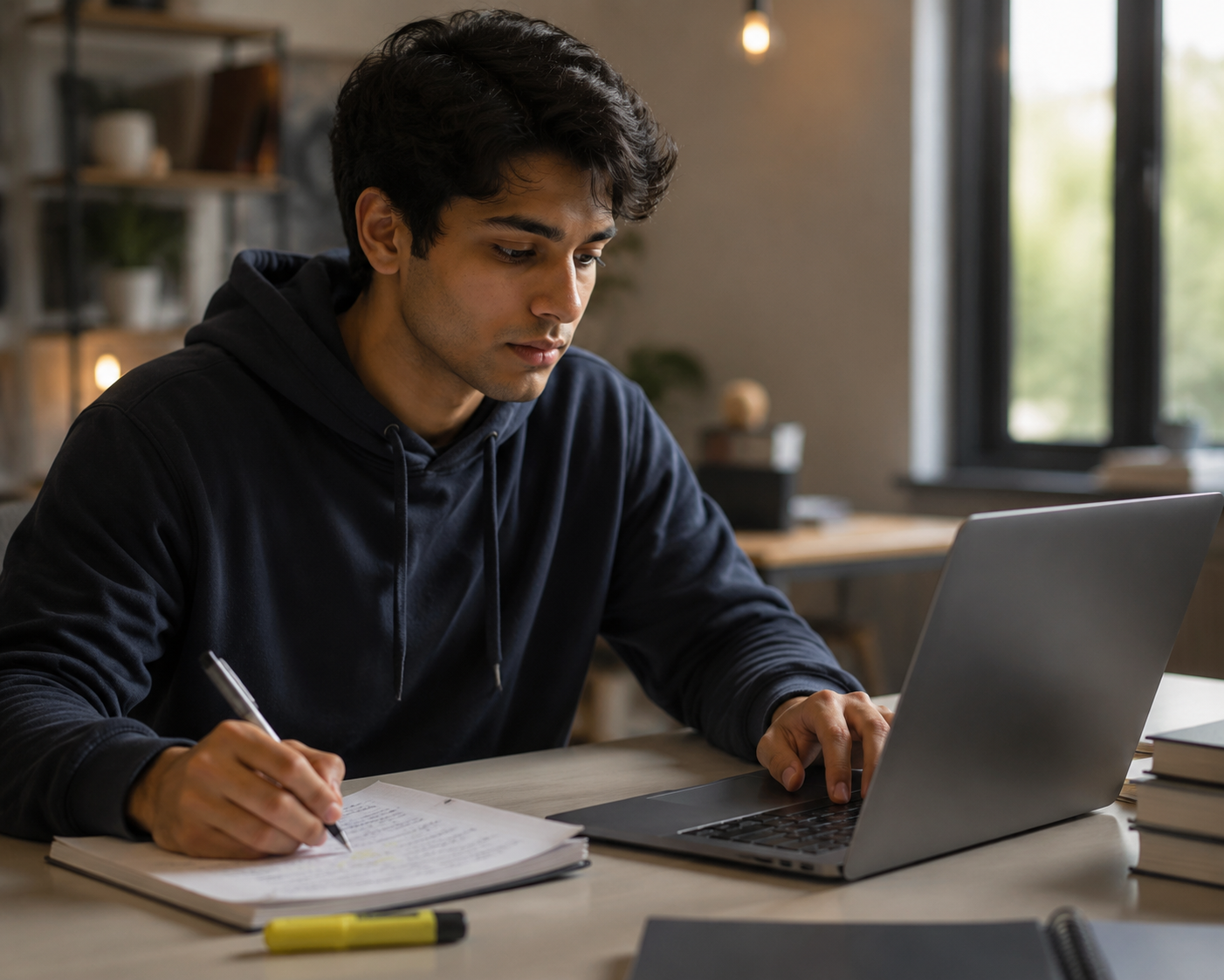 Student studying with a laptop open and handwritten notes on a desk in a calm study space