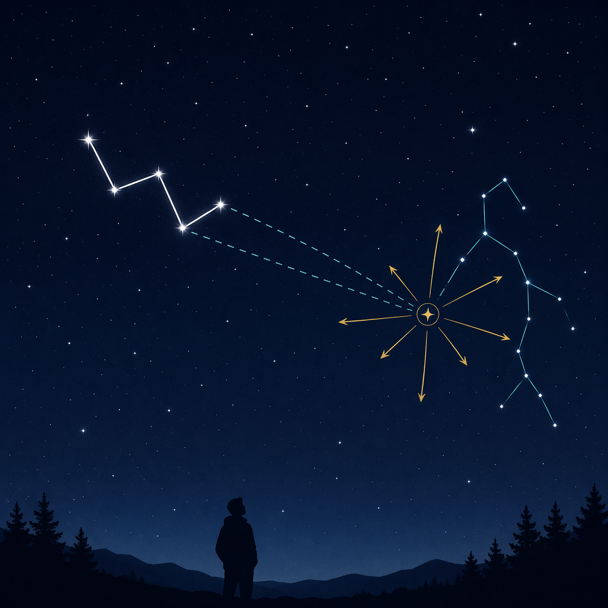 Cassiopeia W shape pointing toward the Perseid radiant with meteor paths radiating outward