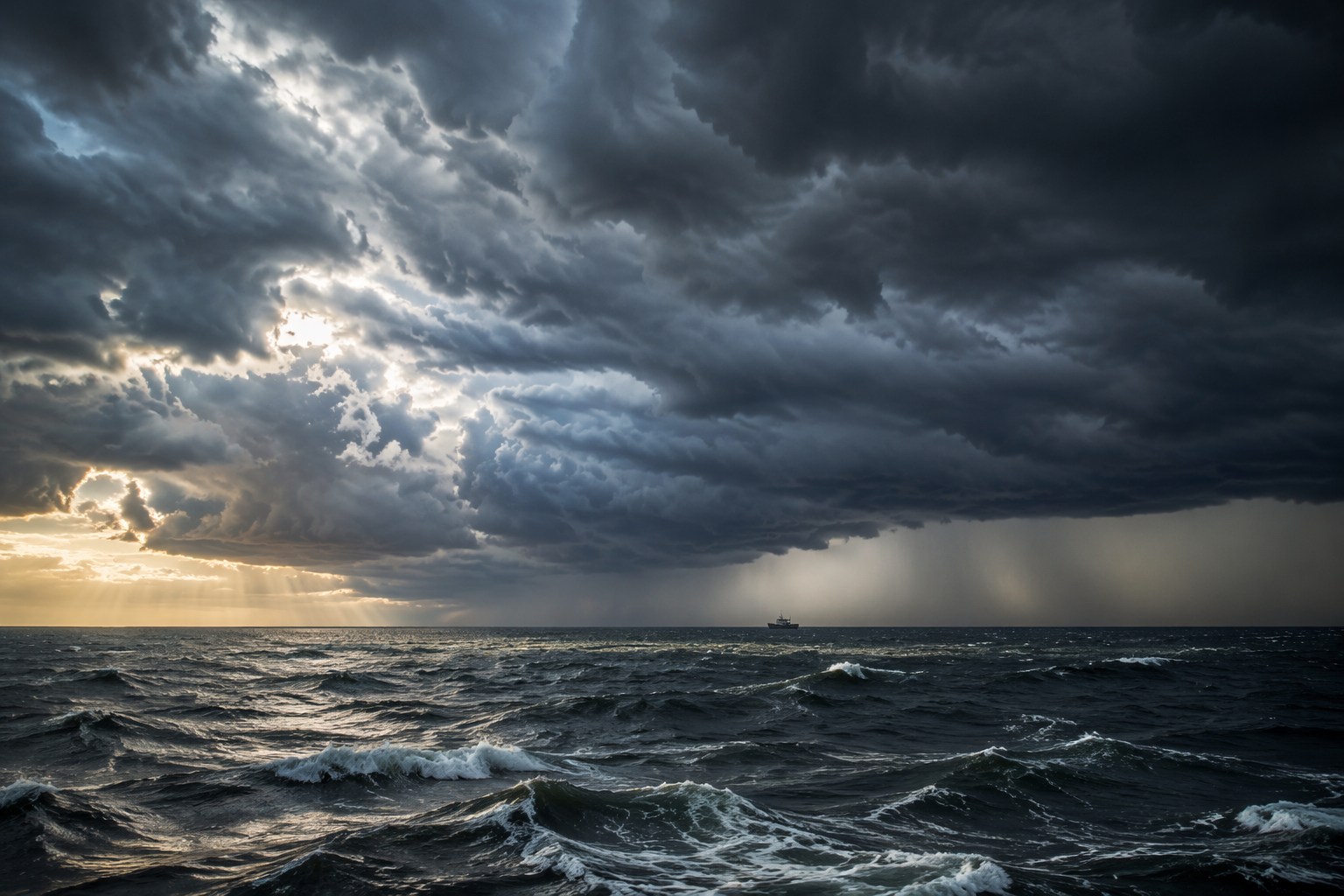 Dark convective storm clouds over rough ocean water with a small boat in the distance