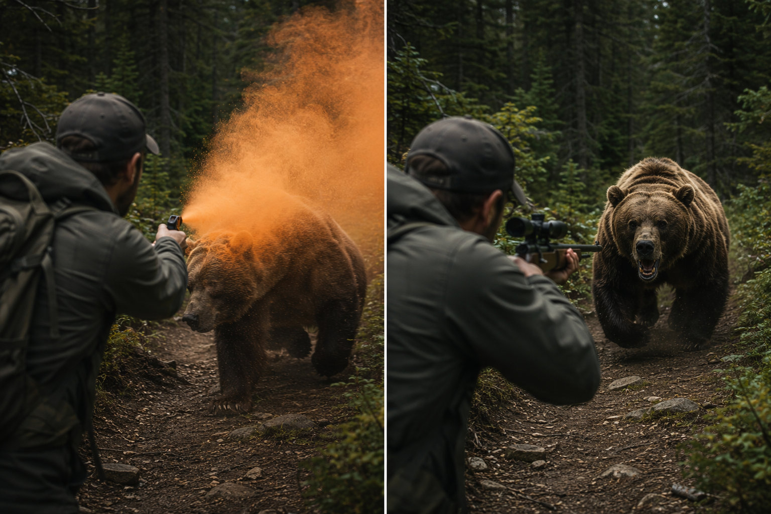 Split comparison showing bear spray deployed at a close charging bear and a person trying to aim a rifle at an already-close bear