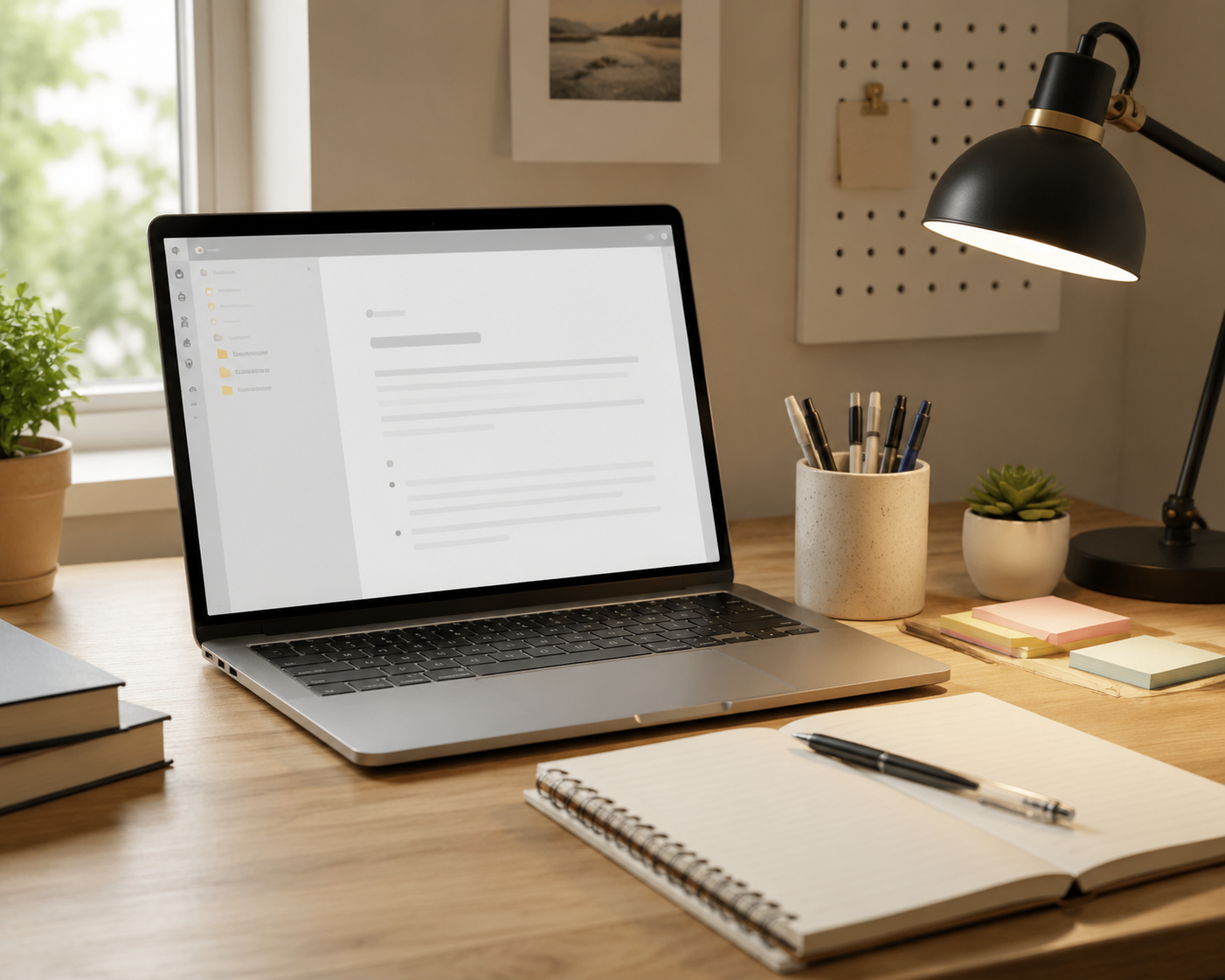 Student desk with a laptop showing a simple note-taking app folder sidebar