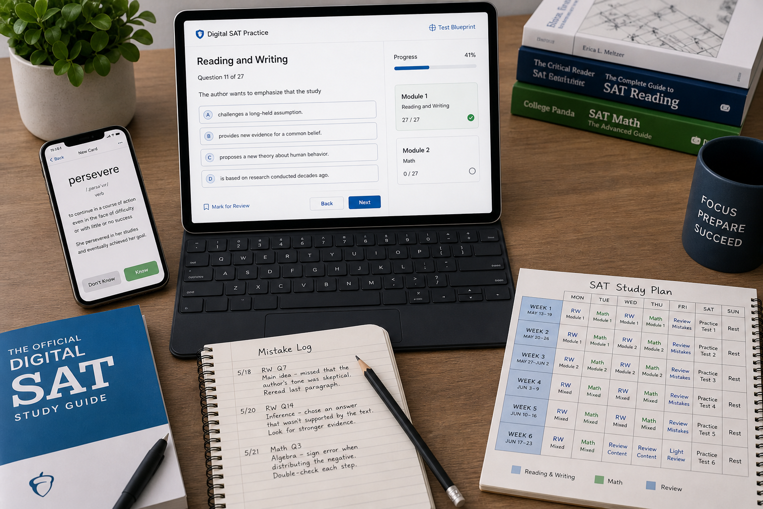 A student's digital SAT prep workspace with a laptop showing a test interface, a smartphone with a vocabulary flashcard app, a color-coded weekly planner, and a mistake log notebook.