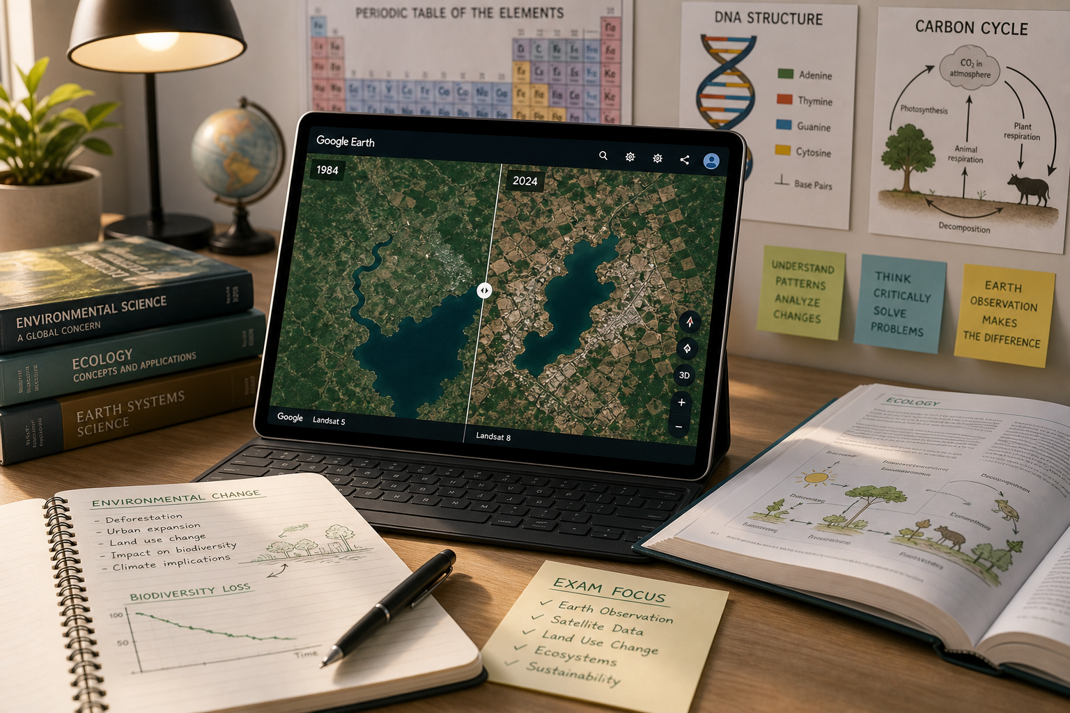 Study desk with a laptop showing satellite imagery, ecology notes, and science study materials