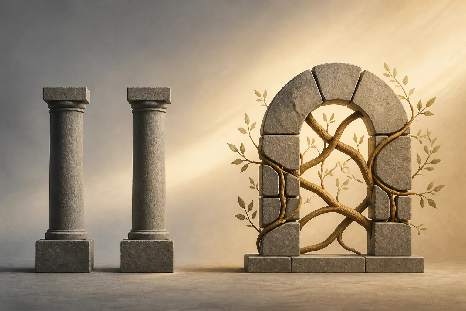 Rigid two-column structure changing into an interlocking arch to show the move from Aguilar-Spinelli to Gates