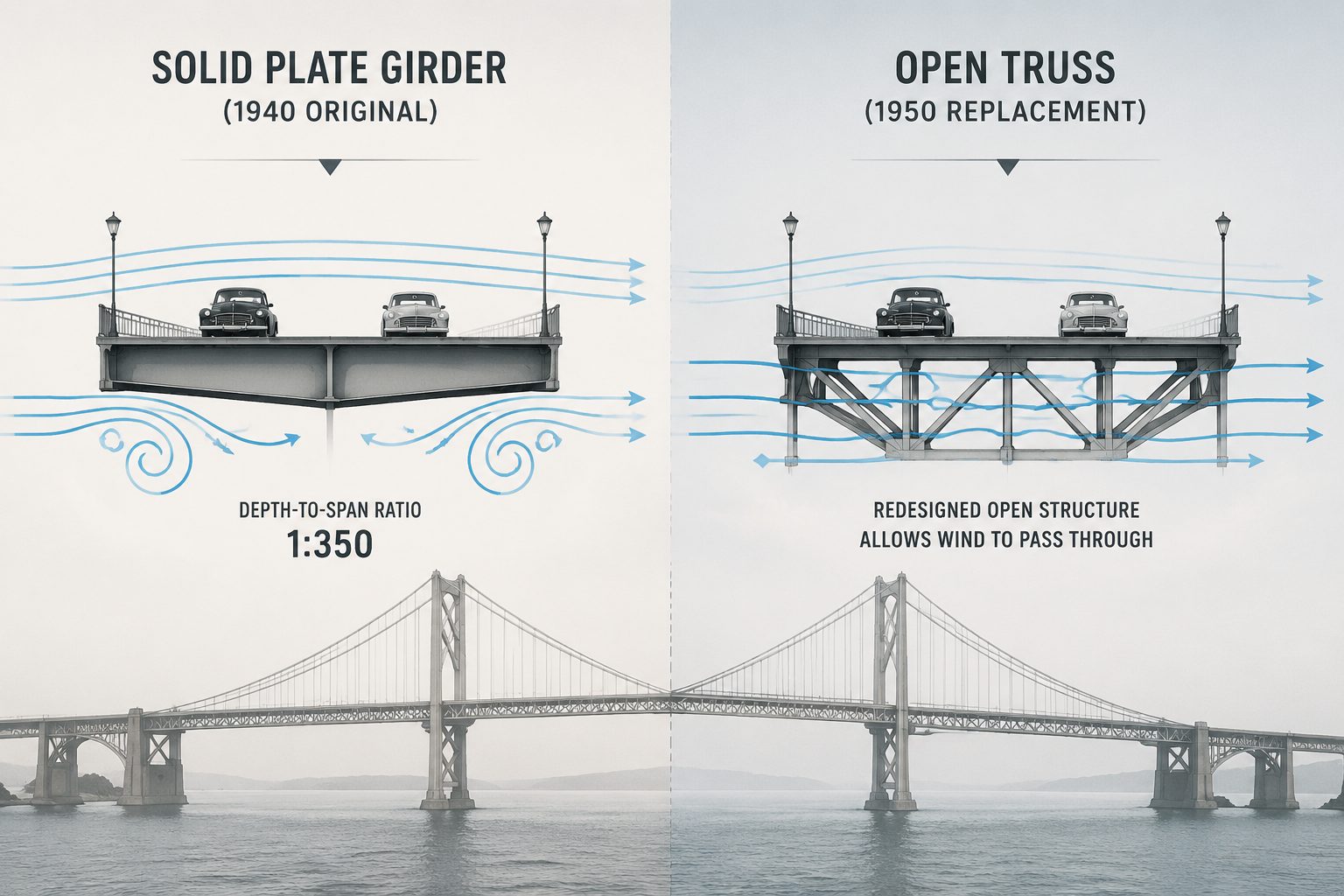 Cross-section comparison of the 1940 solid plate girder deck and the 1950 open truss replacement
