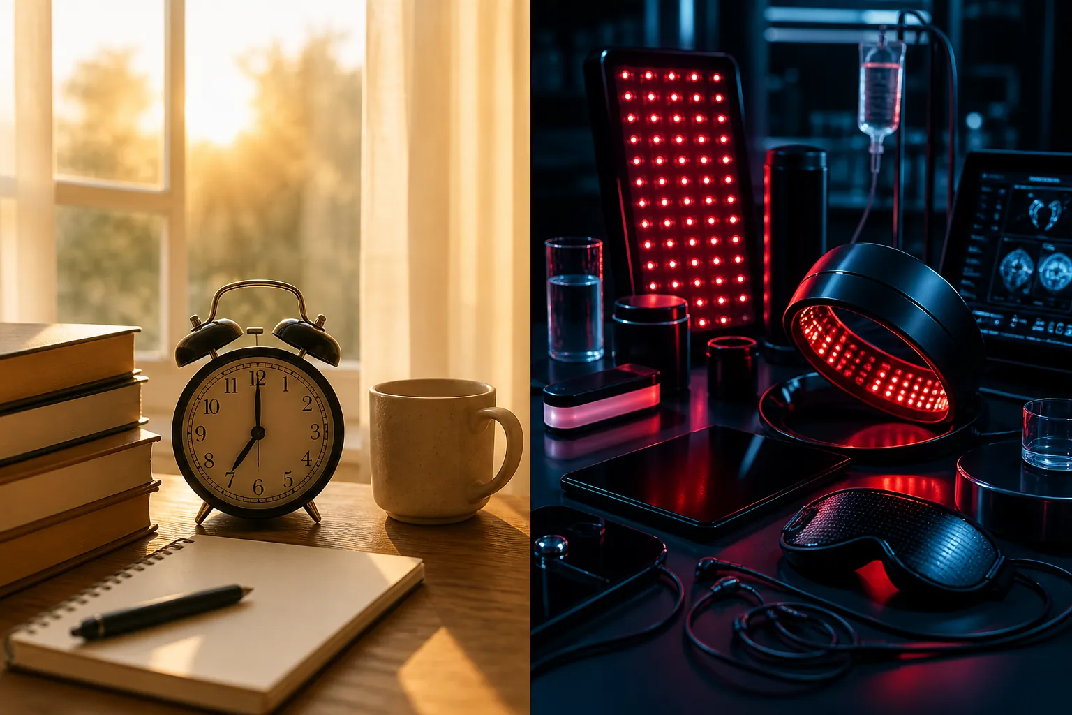 A simple student morning contrasted with a futuristic biohacking setup