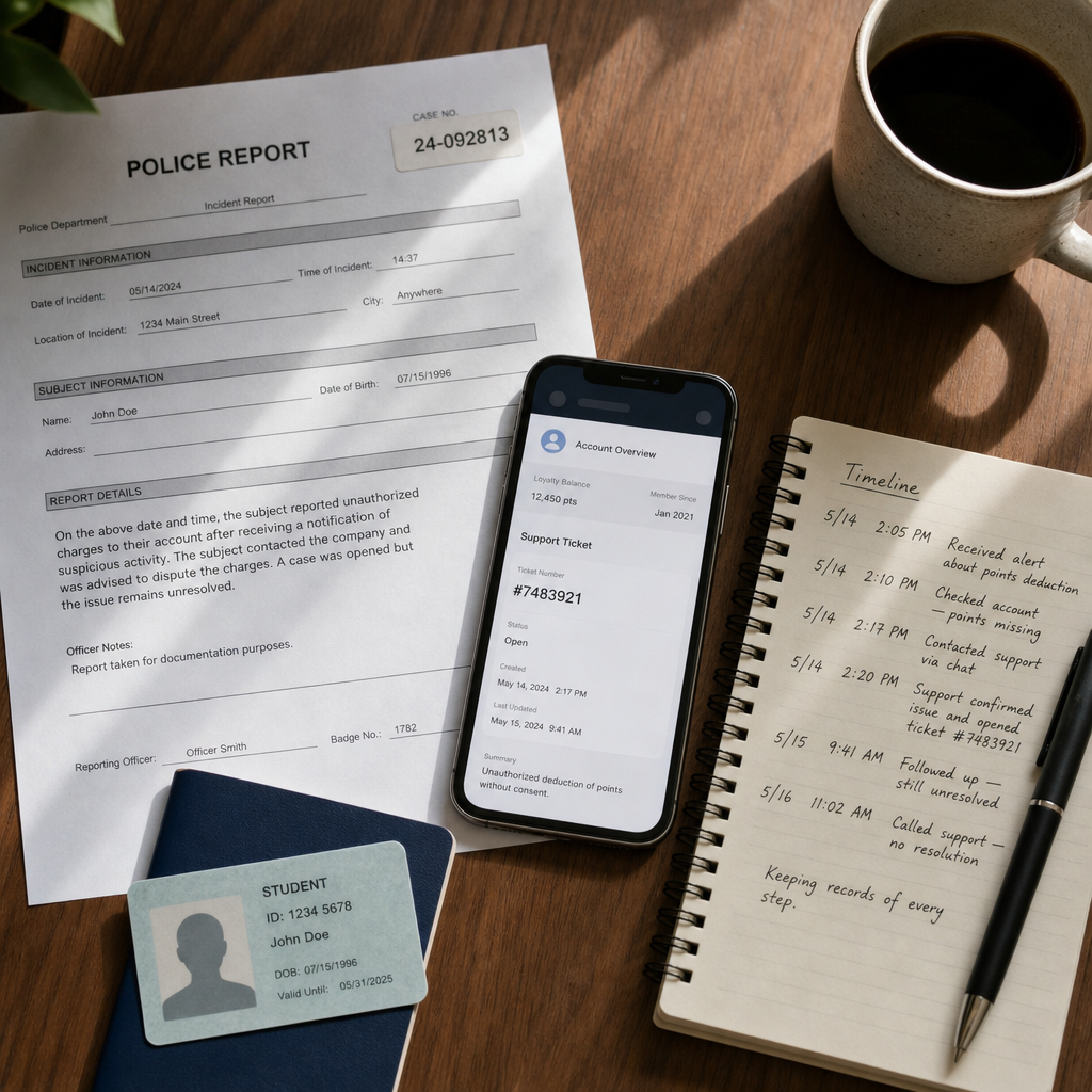 A desk with a police report form, support ticket screenshot, handwritten timestamps, pen, and student ID