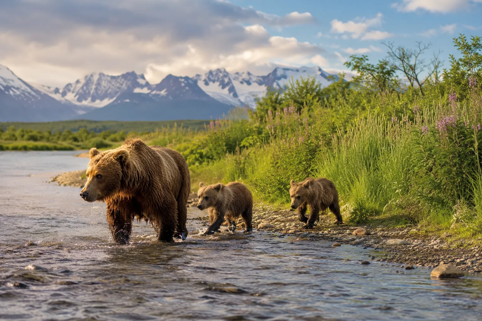 Brown bear sow and two cubs walking through a shallow coastal Alaskan stream in late July