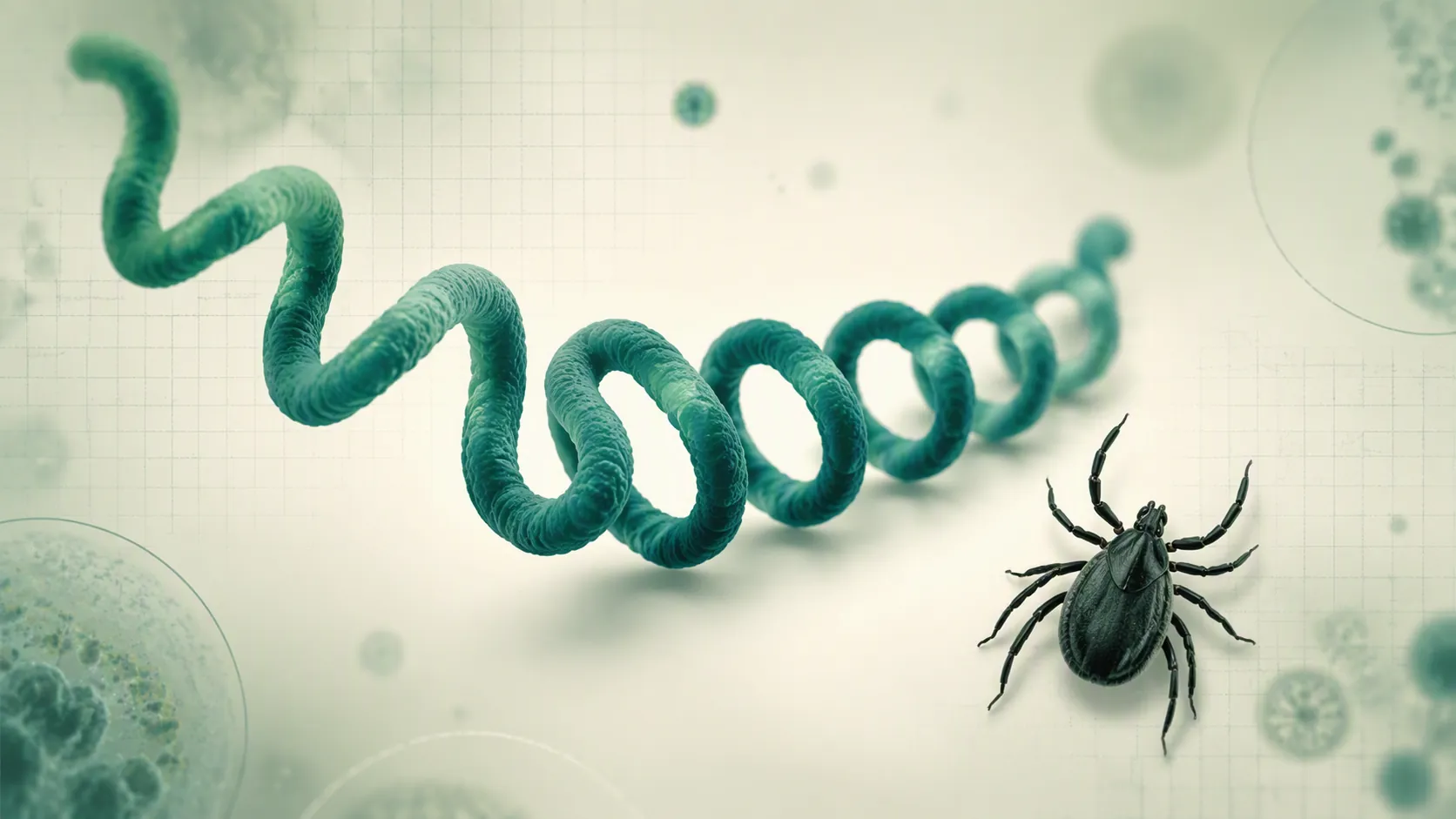 Corkscrew-shaped Borrelia burgdorferi spirochete beside an Ixodes tick silhouette