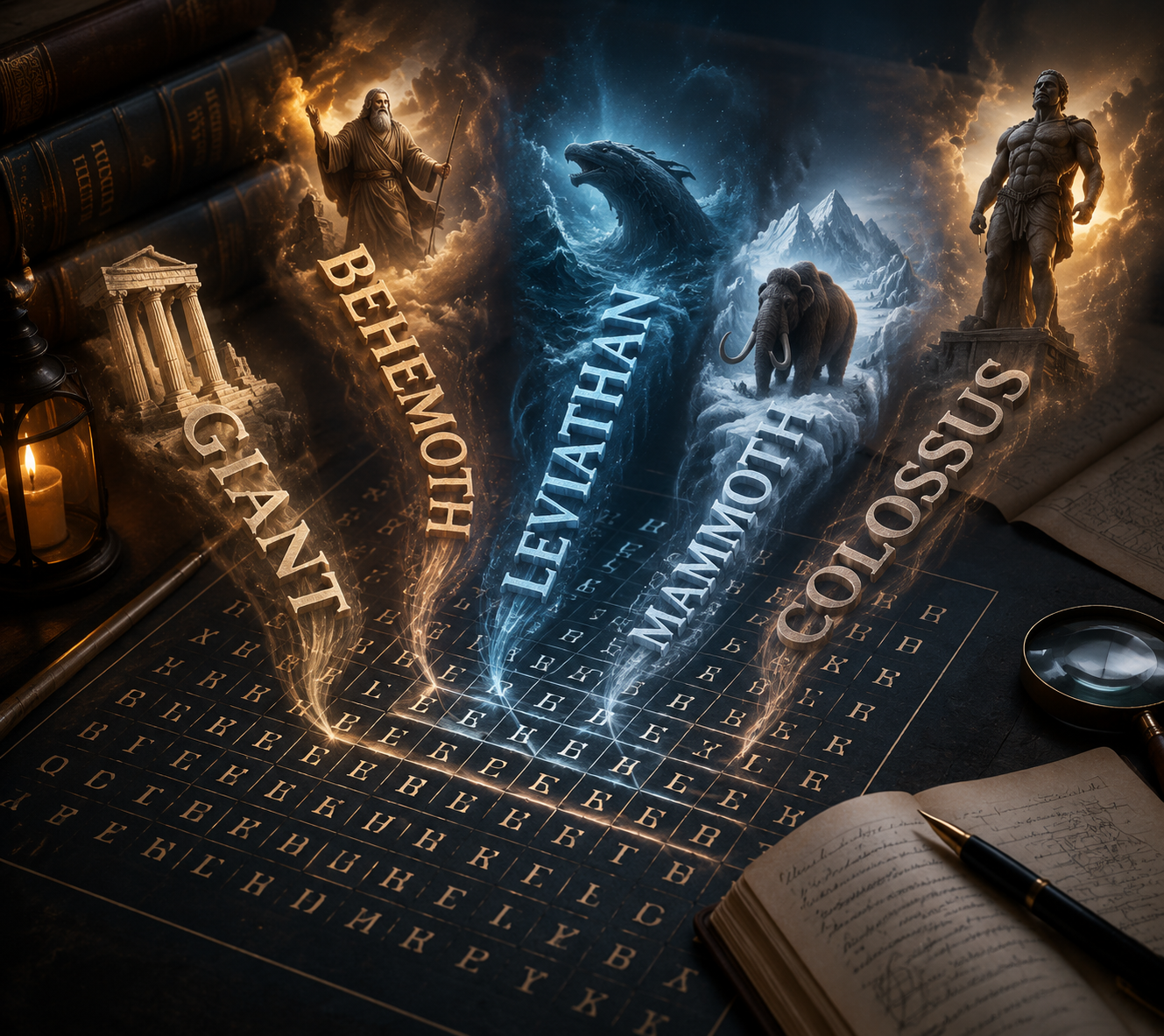 Five large vocabulary words rising from a dark letter grid with symbolic imagery for each word