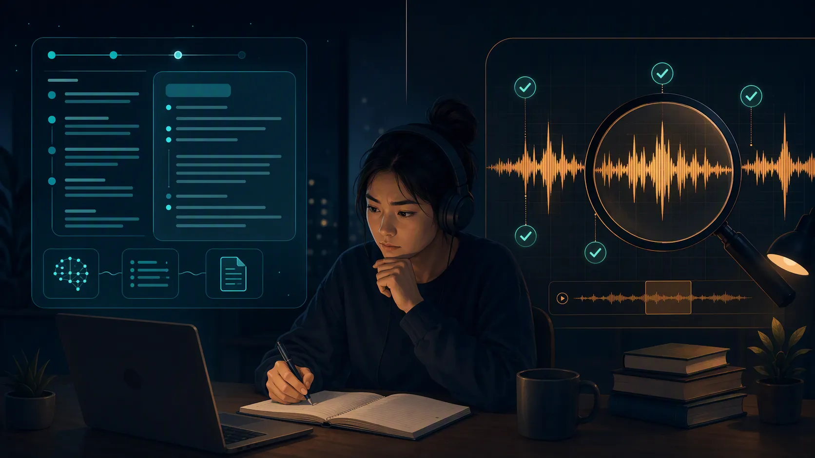 Student wearing headphones checks AI note-taking output against a raw audio waveform