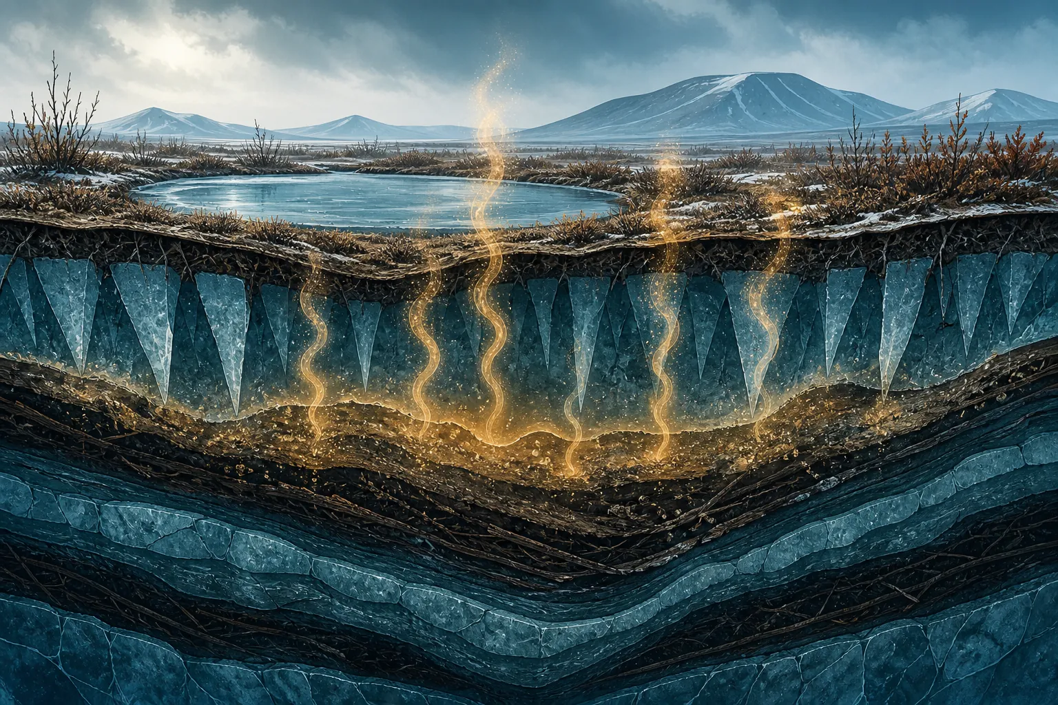 Cross-section illustration of Arctic permafrost with tundra, frozen soil layers, buried organic carbon, thawing ground, and rising gases