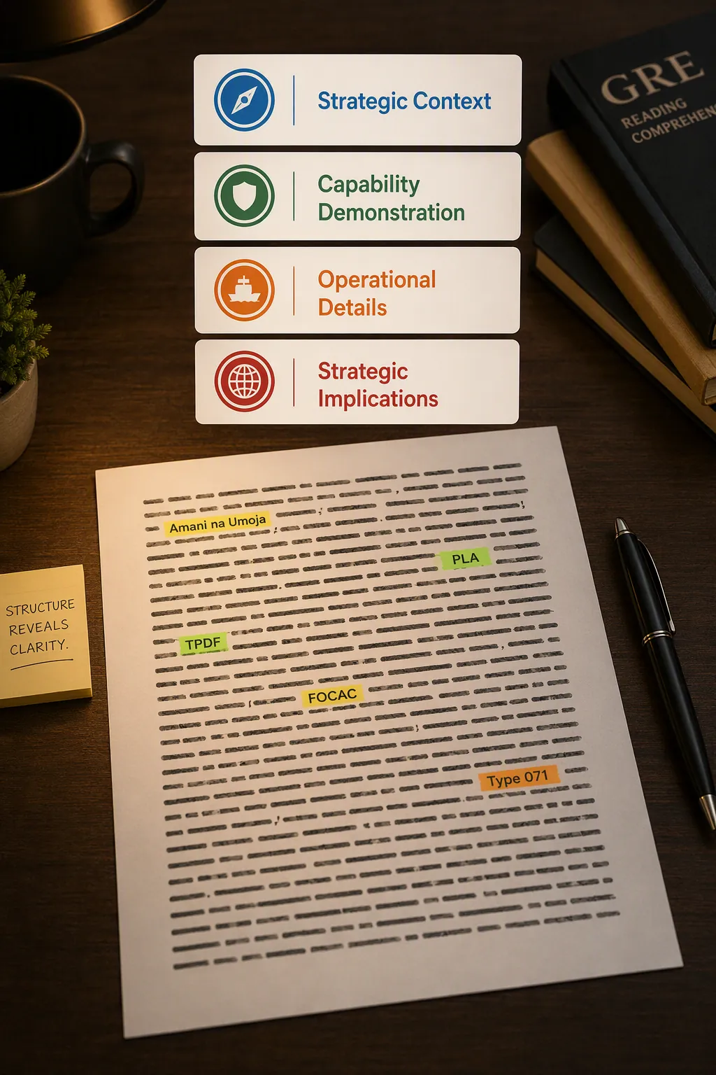 GRE passage with highlighted foreign-language and military terms organized into four reading categories