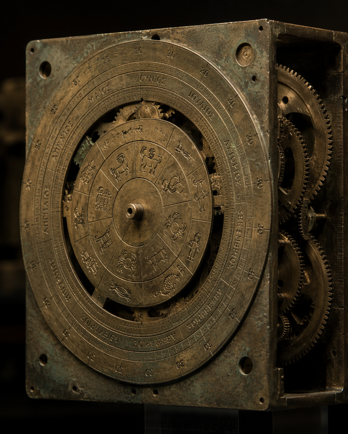 Bronze reconstruction of the Antikythera Mechanism front face with concentric dial rings and visible gear teeth