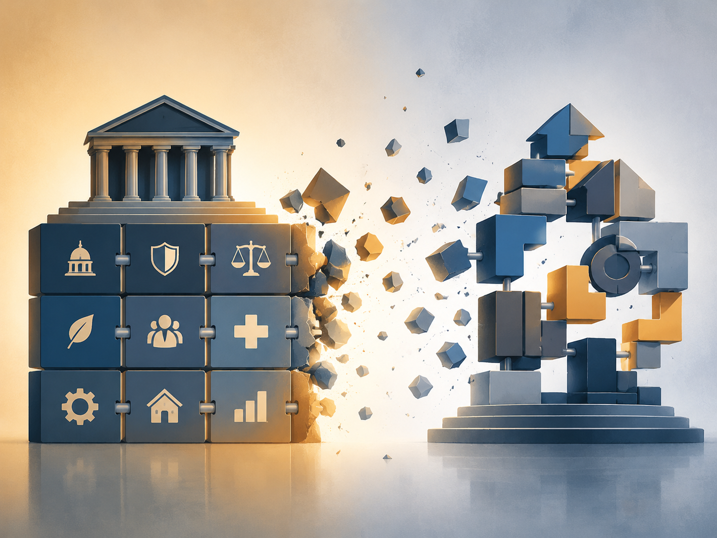 An institutional framework breaking apart and reassembling into a new structure