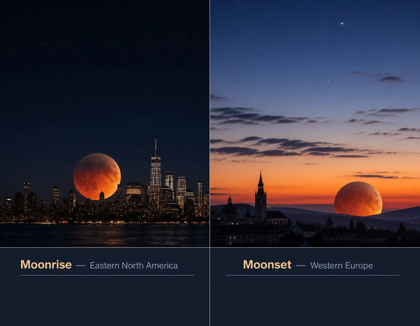 Comparison of a reddish eclipsed Moon rising above an eastern city horizon and setting toward a brightening western horizon