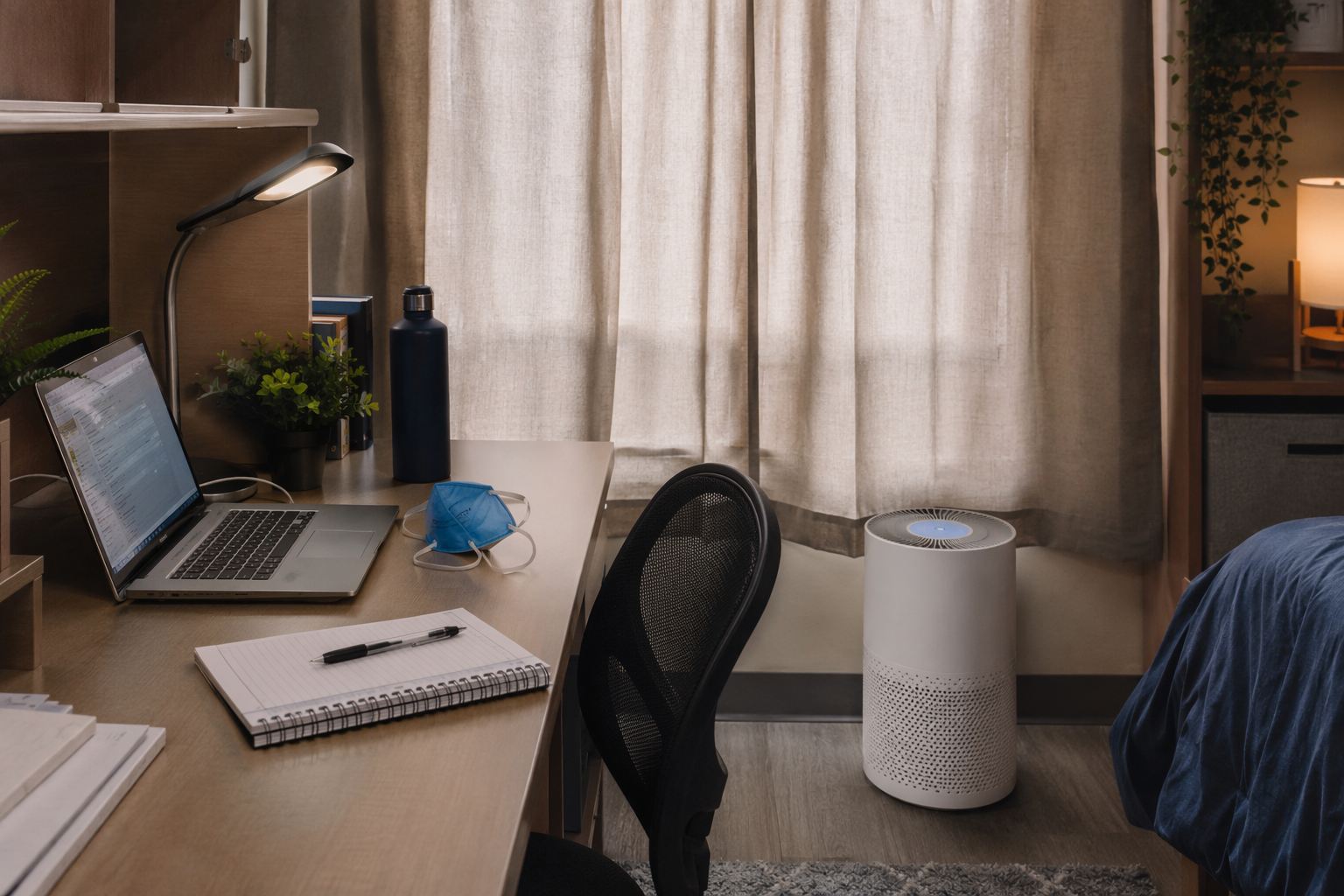 Student study desk with a HEPA air purifier, closed curtains, water bottle, notebooks, laptop, and N95 mask