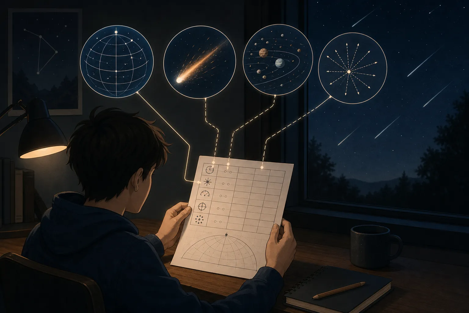 Student studying a meteor observation log with diagrams of coordinates, radiant geometry, meteor trails, and orbital debris