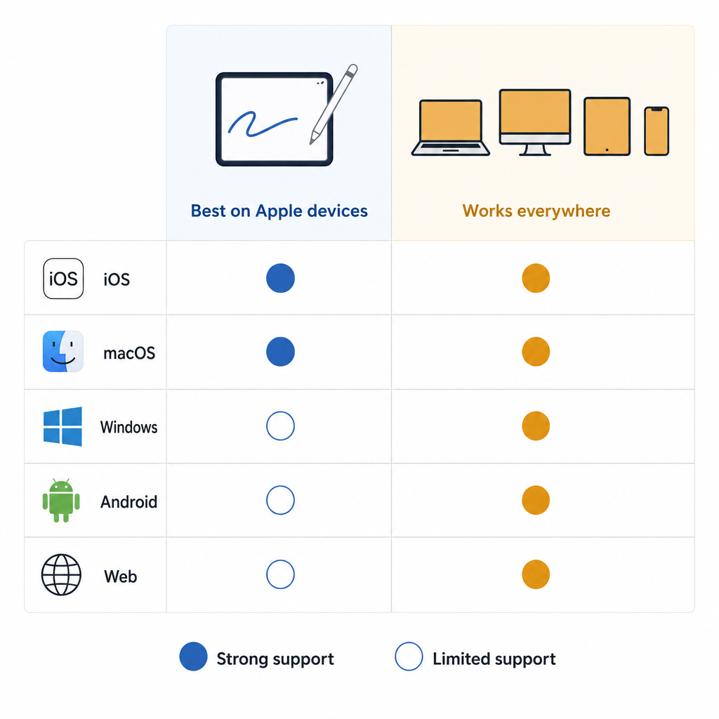 Diagram comparing platform availability for GoodNotes and OneNote across iOS, macOS, Windows, Android, and Web, showing full and limited support indicators.
