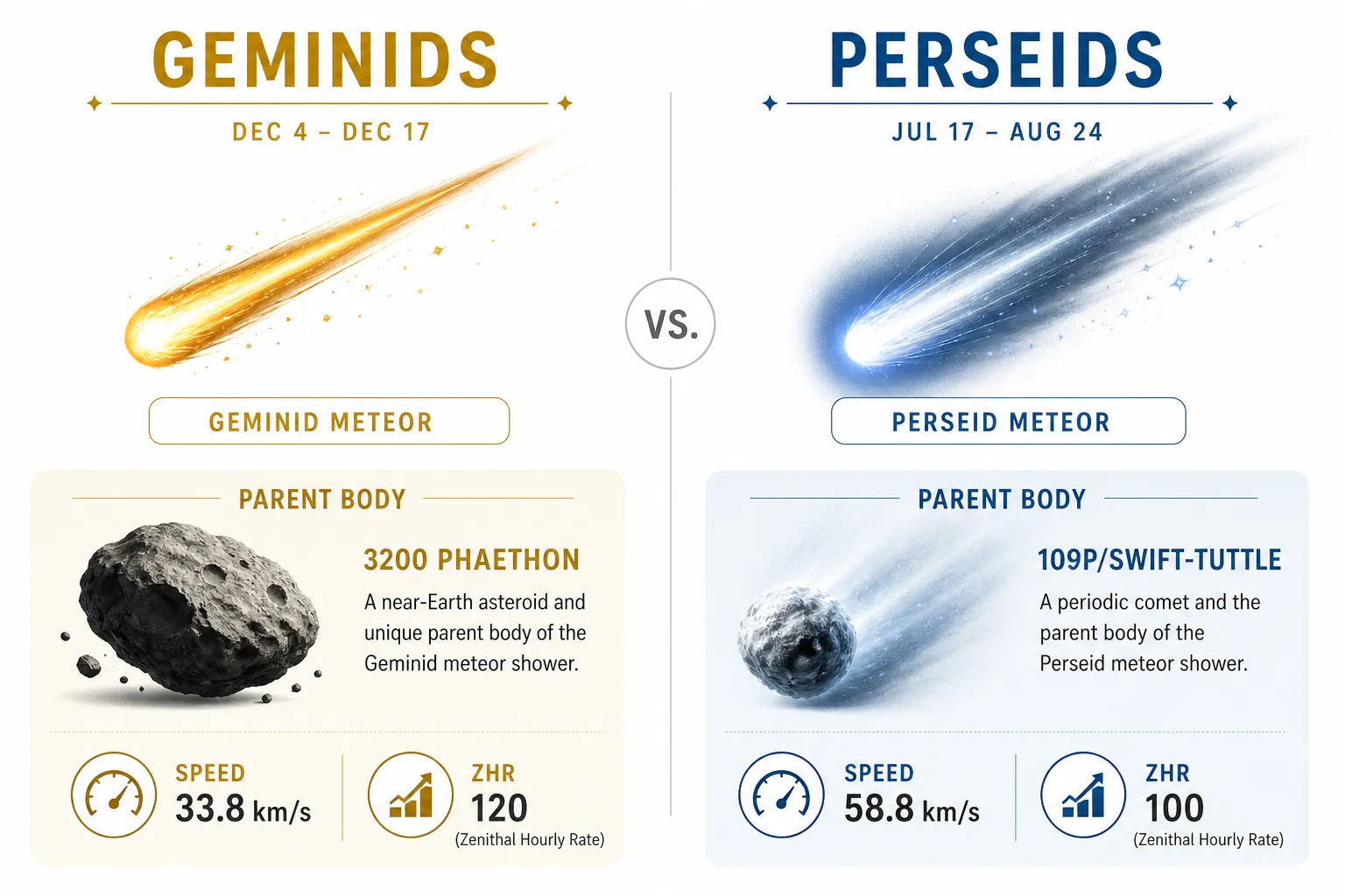 Side-by-side comparison of Geminids and Perseids with parent bodies, speeds, and zenithal hourly rates