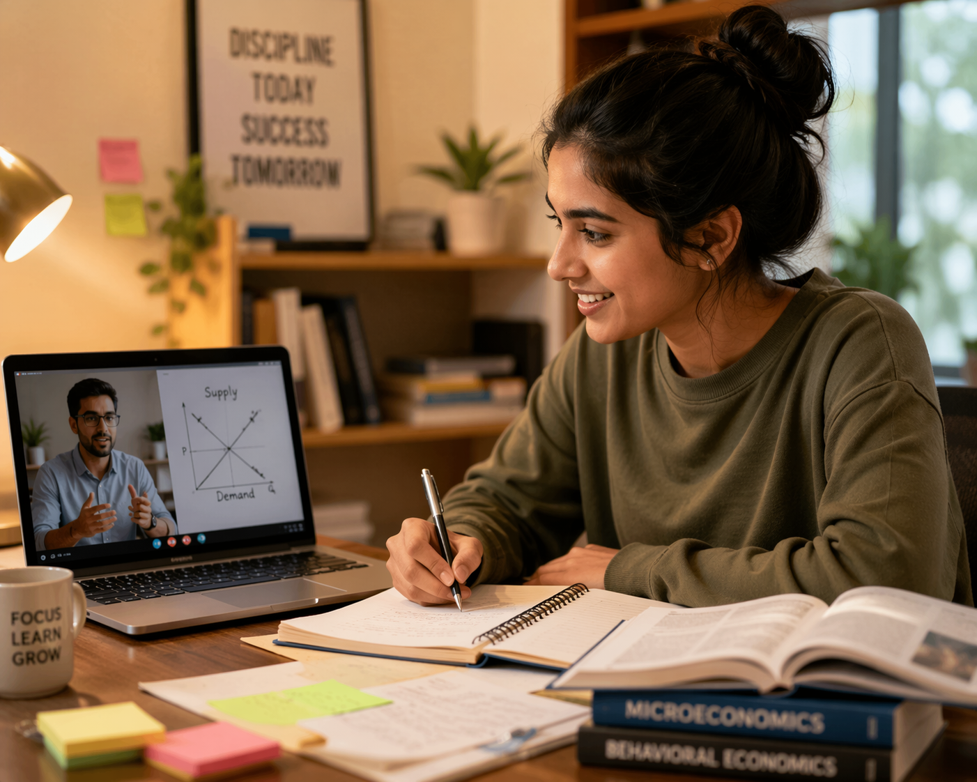 Student actively using an AI tutor while taking notes beside a laptop
