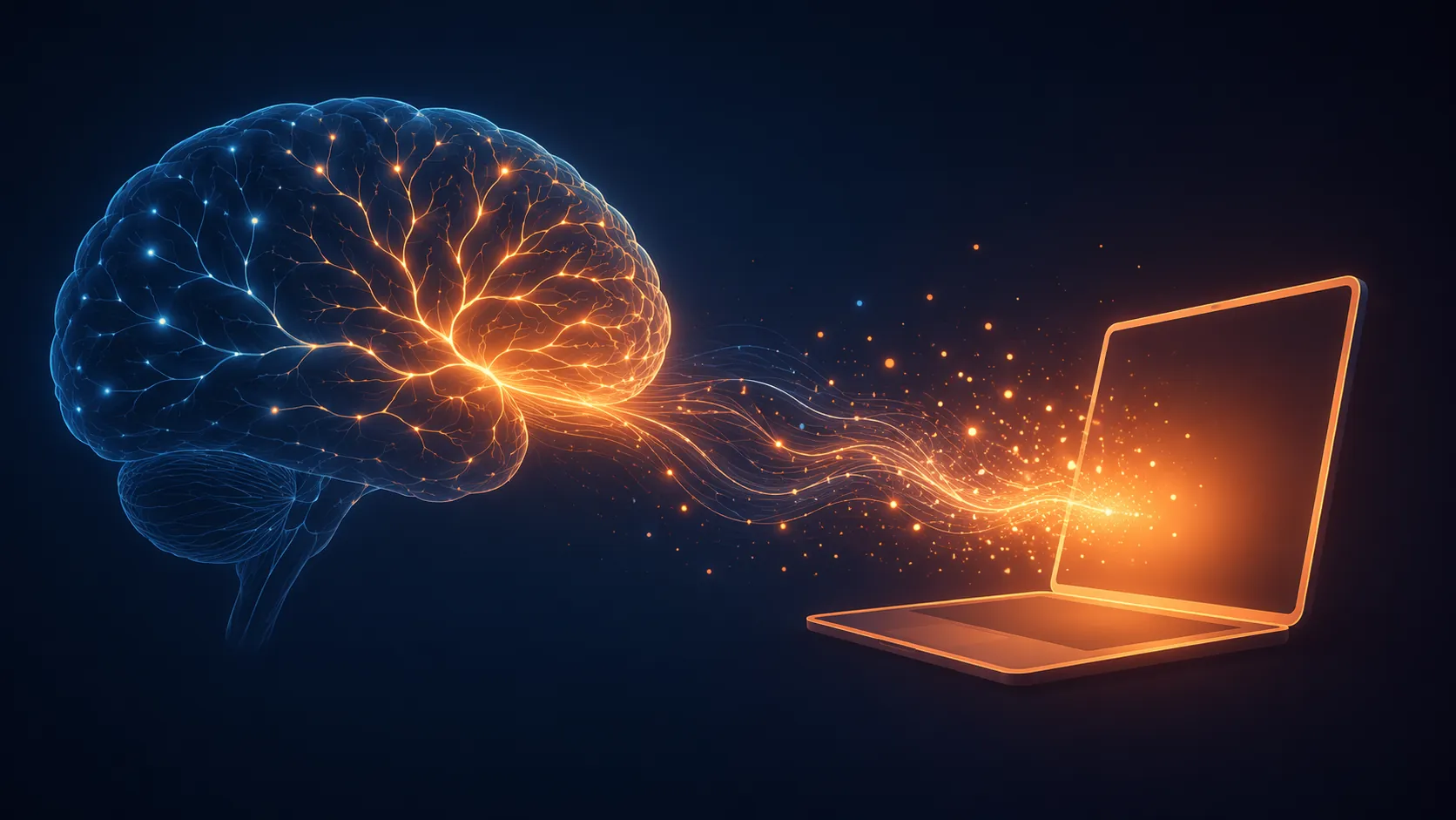 Cognitive offloading shown as mental energy moving from a brain to a laptop