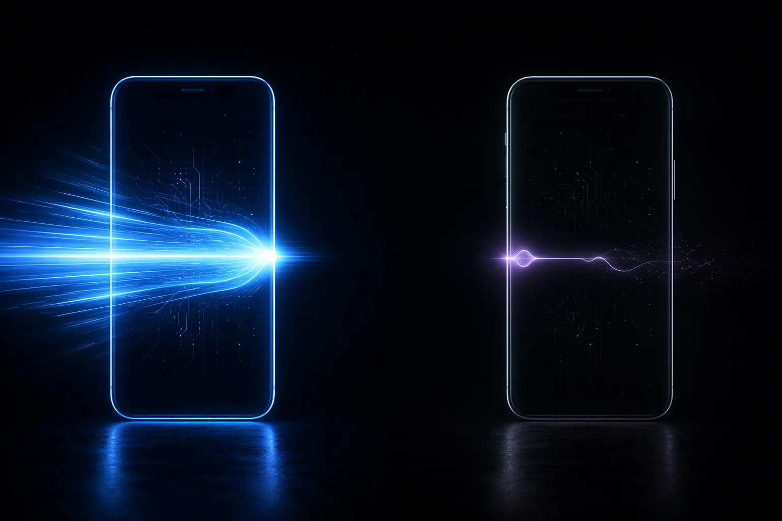 Abstract comparison of fast and slow on-device AI inference speed between two smartphones