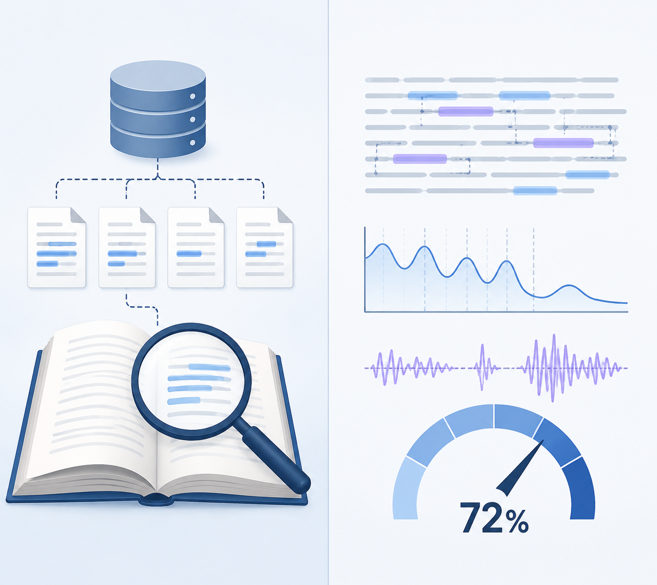 Split illustration showing database matching on one side and AI pattern analysis on the other
