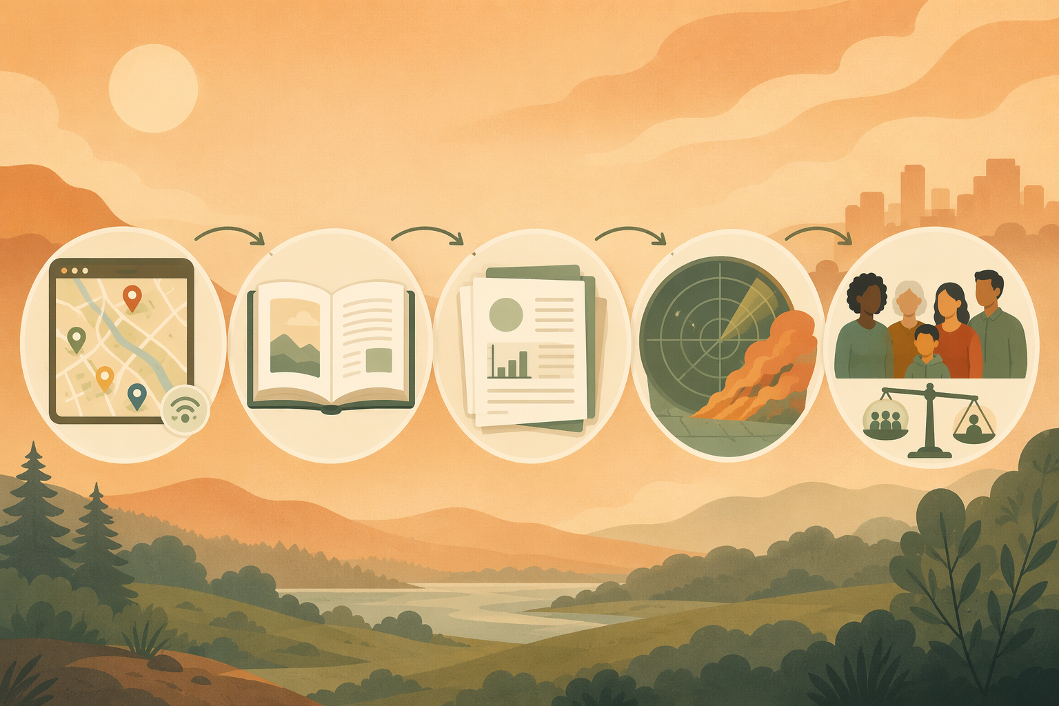 Illustration of a wildfire smoke research workflow from monitoring maps to public health guidance, peer-reviewed evidence, modeling, and equity analysis