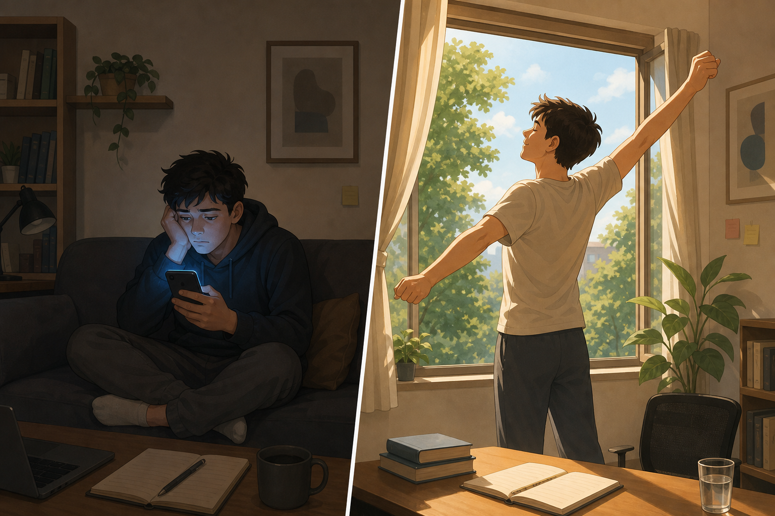 Split illustration: left side shows a student slumped on a couch staring at a phone; right side shows a student stretching by an open window looking at trees.